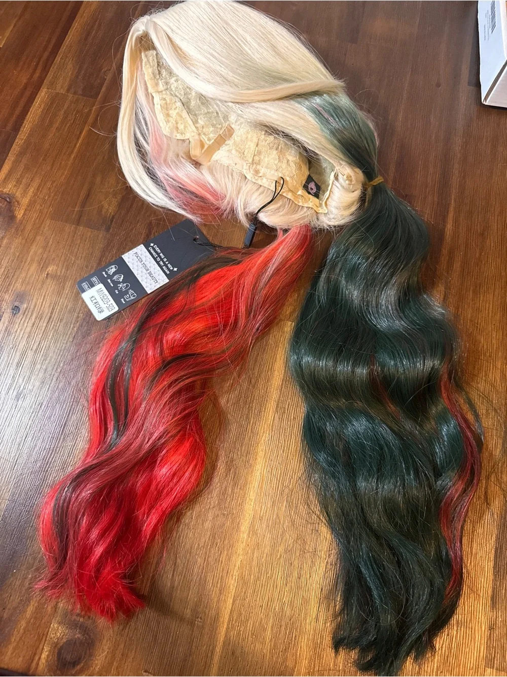 NWT Multicolor Pigtail Cosplay Wig Red Green Blonde + 2 Wig Caps